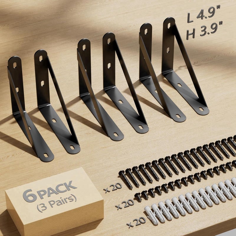 COCOYA 5x4 Shelf Brackets 6-Pack, Shelf Support Shelf Holder Steel Wall Mount Heavy Duty Small L Shape Triangle 90 Degree Metal Black with Screws Anchors Soporte de Estante - Image 2